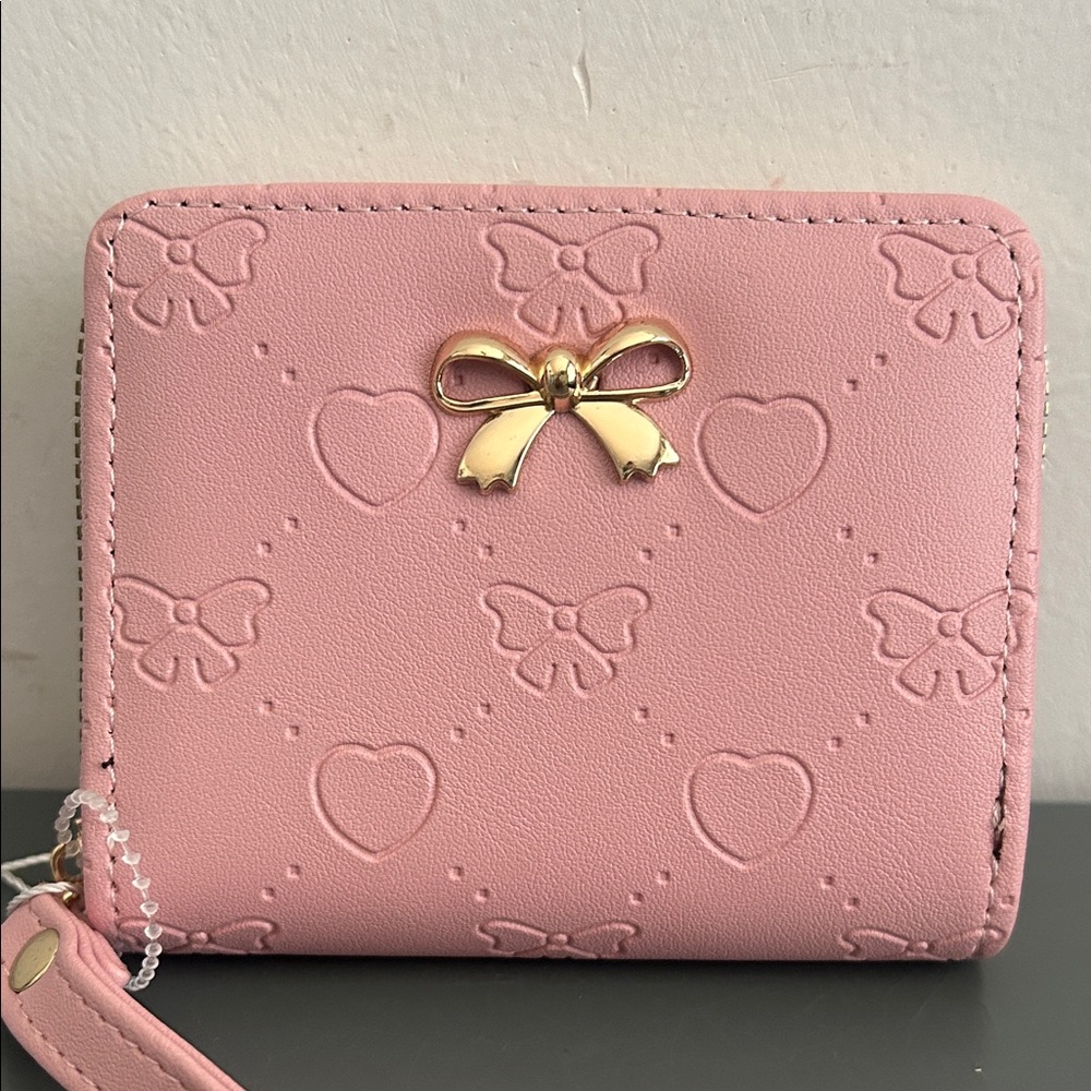Pink Bow-Accent Compact Wristlet Wallet